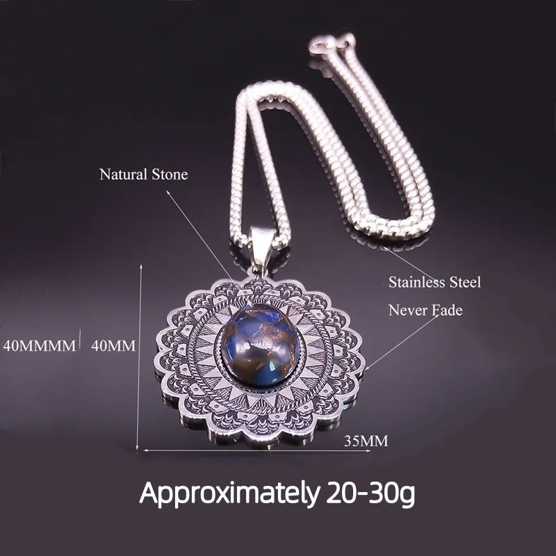 Vintage Stainless Steel Mandala Disc Pendant Necklace - Natural Picture Jasper Stone - Western Retro Flower Pendant for Men & Women