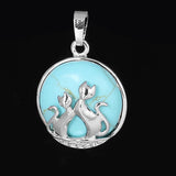 Natural Gemstone Round Pendant Silver‑Tone Double Cat Silhouette Overlay Charm, Mixed Crystal Stone Cat Lover Pendant DIY Necklace Jewelry Making Reiki Healing