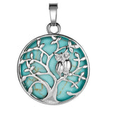 Natural Crystal Tree of Life Owl Pendant Necklace – 30mm Round Gemstone Amulet Jewelry Gift for Women