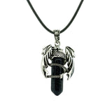 Gothic Winged Dragon Hexagonal Crystal Point Necklace, Vintage Silver Pterosaur Column Pendant, Punk Minimalist Protection Amulet with Black Rope Cord for Men & Women