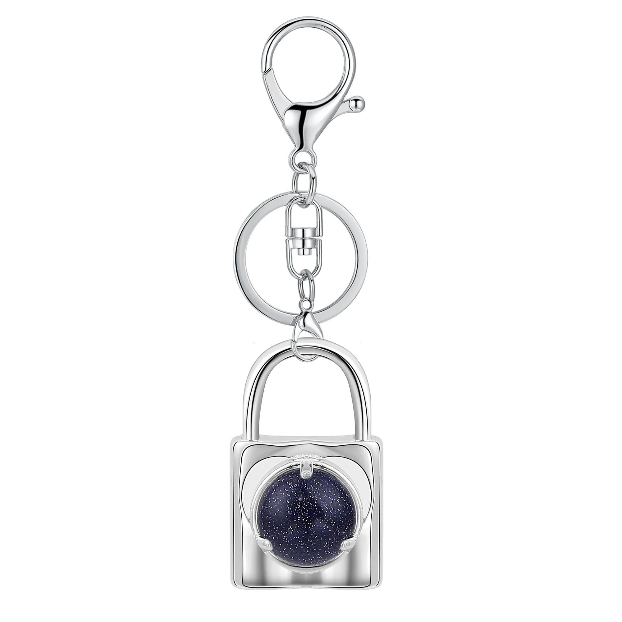 Natural Crystal Lock Keychain, Inlaid Round Gemstone Silver Keyring Charm for Bag & Key