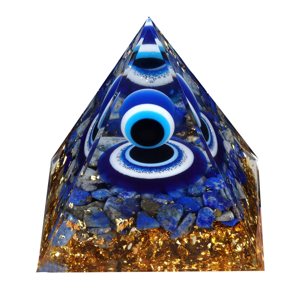 Evil Eye Orgone Pyramid 60MM for Home Office Feng Shui Protection & Spiritual Gifts  Lapis Lazuli Chips Resin Crystal Pyramid