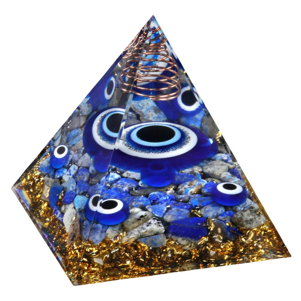 60MM Evil Eye Orgone Gemstone Pyramid for Home Office Feng Shui Protection & Spiritual Gifts Chip Lapis lazuli