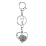 Natural Crystal Hollow Heart Keychain, Healing Stone Pendant with Silver Key Ring
