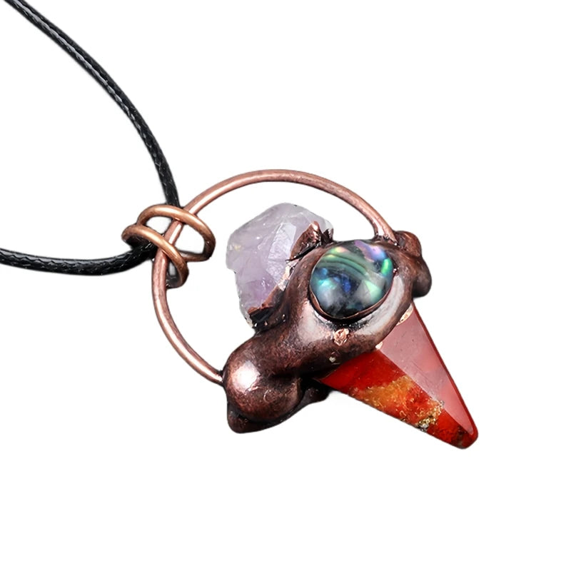 Vintage Copper Red Jasper Hexagon Pointer Necklace - Raw Amethyst & Abalone Shell Mixed Gemstone Wiccan Witchy Pendant