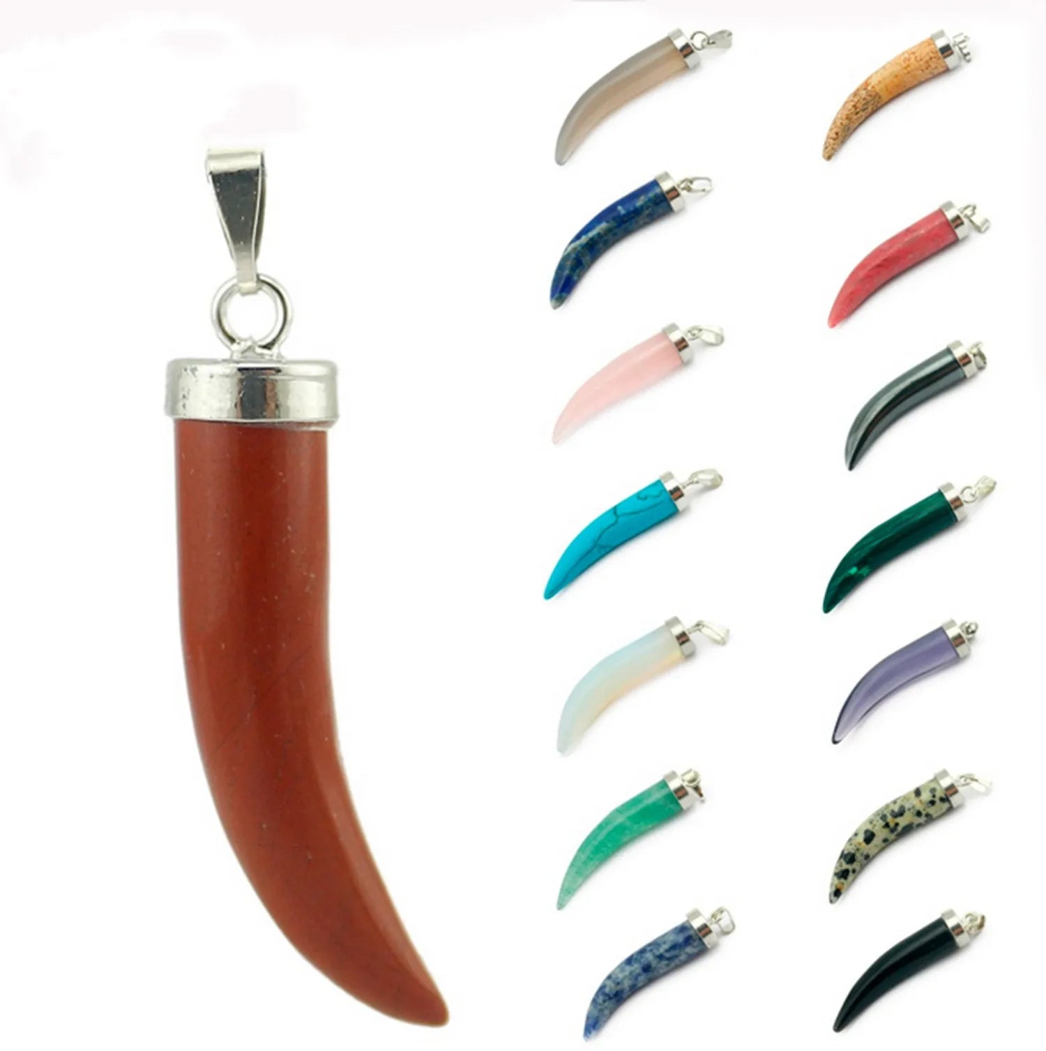 Silver Cap Wolf Tooth Shaped Natural Gemstone Pendant, Curved Claw Chakra Healing Crystal Charm for DIY Leather Cord Necklace Making