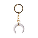 Natural Stone Crescent Moon Keychain, Gold Plated Double Horn Gemstone Key Ring Charm, Boho Witchy Spiritual Bag Pendant for Women