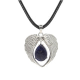 Vintage Silver Angel Wings Heart Necklace - Natural Stone Wax Cord Teardrop Pendant for Men & Women, Spiritual Gift