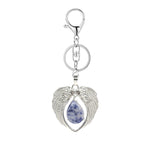 Silver Angel Wings Heart Keyring - Natural Stone Teardrop Crystal Keychain for Purse, Backpack, Handbag, Car Keys