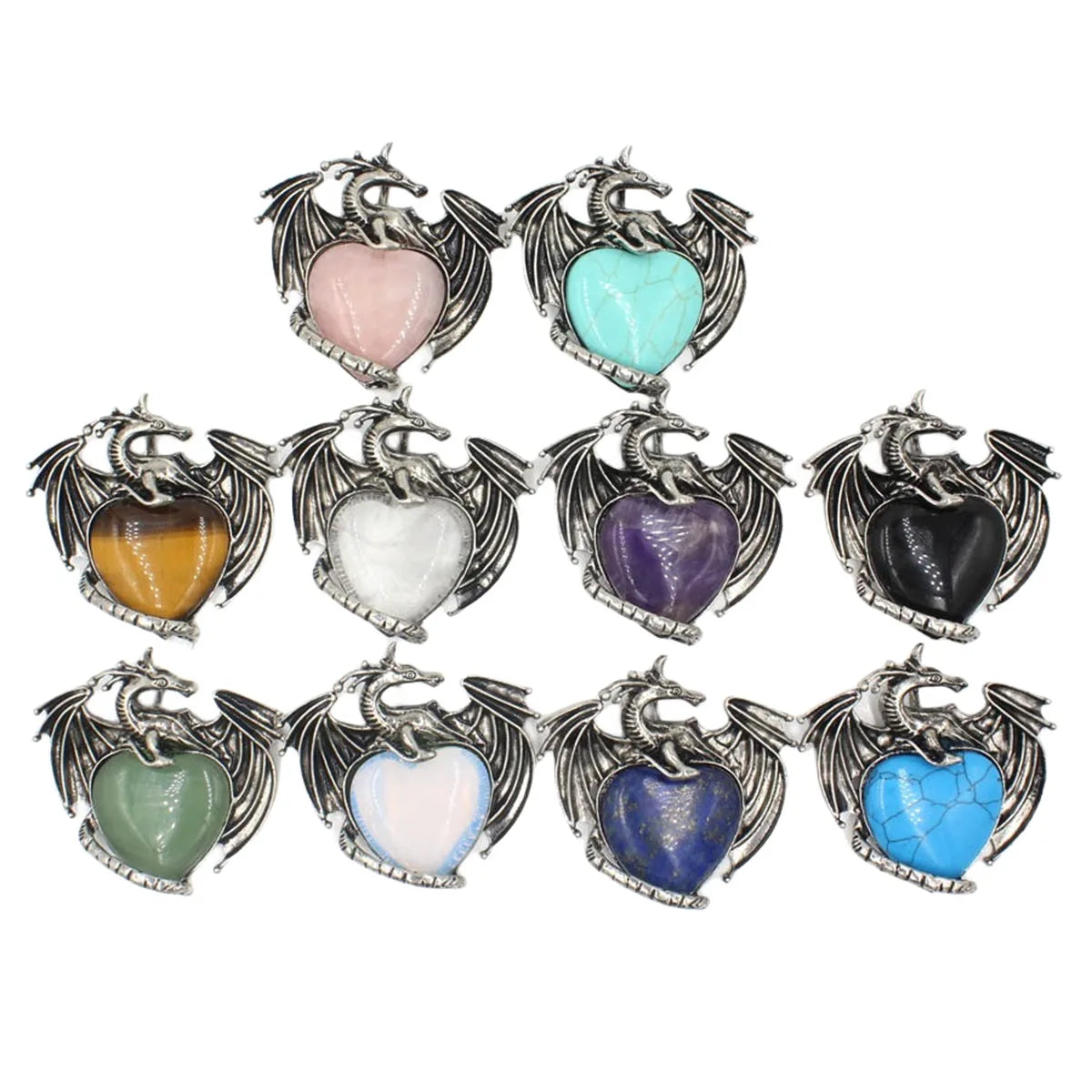 Antique Silver Alloy Winged Dragon Charm - Heart-Shaped Natural Gemstone Pendant for DIY Gothic Punk Jewelry Making & Anniversary Gift