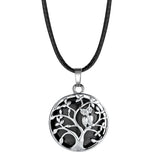 Owl Family Tree of Life Gemstone Necklace – 30mm Round Natural Stone Pendant with 18-Inch Leather Cord