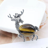 Vintage Deer Stag Natural Crystal Pendant, Antique Silver Alloy Animal Elk Inlaid Oval Cabochon Gemstone Pendant, Chakra Reiki Healing DIY Necklace Jewelry Making Charm