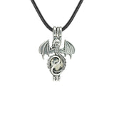 Gothic Stainless Steel Pterosaur Dragon Crystal Holder Necklace • Antique Silver Gemstone Ball Urn Pendant • Unisex Retro Punk Jewelry