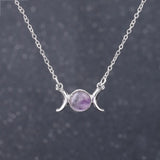 Triple Moon Goddess Natural Crystal Necklace, Silver Plated Triple Crescent Moon Pendant Round Cabochon Gemstone Necklace Reiki Chakra Healing Wicca Spiritual Jewelry for Women