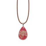 Vintage Bohemian Resin Teardrop Necklace with Embedded Real Dried Flower, Brown Faux Leather Cord Pendant Necklace for Daily Wear