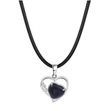 Natural Crystal Hollow Heart Pendant Necklace, Gemstone Charm with Black Rope for Women