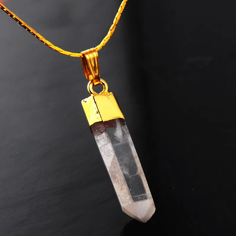 Gold Plated Natural Clear Quartz Point Pendant Necklace, Raw Crystal Point Healing Stone Pendant for Women Men