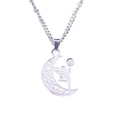 Vintage Stainless Steel Fairy on Moon Pendant Necklace - Natural Amethyst Stone Celestial Jewelry - Whimsical Angel Necklace for Women