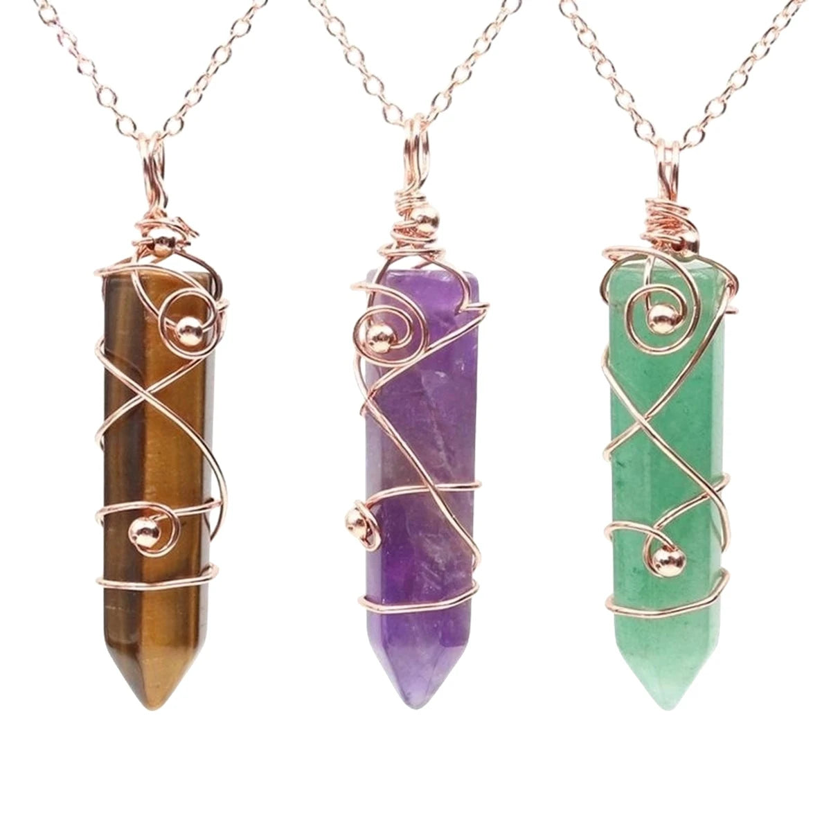 Vintage Wire Wrapped Crystal Wand Necklace • Hexagonal Bullet Stone Charm with Metallic Beads • Boho Wiccan Healing Quartz Jewelry Gift
