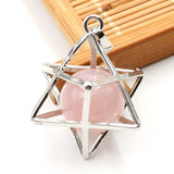 Merkaba Star Cage Natural Sphere Crystal Pendant Necklace, Silver‑Tone Metal Hollow Star Frame with Round Gemstone Bead Reiki Chakra Healing Necklace for Women