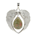 Natural Crystal Angel Wings Pendant | Teardrop Gemstone Heart Amulet Charm | Silver Alloy Feather Wing Quartz Droplet Jewelry Findings for DIY Making