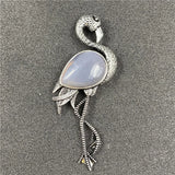 Vintage Silver Flamingo Brooch Pendant Inlaid Natural Gemstone, Multi Crystal Bird Animal Pin Convertible Necklace for Women Boho Fashion Jewelry
