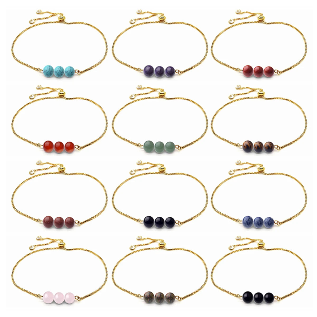 Dainty 3 Natural Chakra Gemstone Bead Bracelet Adjustable Slider Gold Plated Alloy Chain Crystal Bracelet Friendship Energy Healing Jewelry Gift
