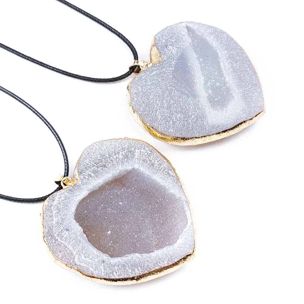 Gold Edged Heart Agate Druzy Pendant, Natural Geode Crystal Heart Charm with Adjustable Wax Cord Necklace for Women