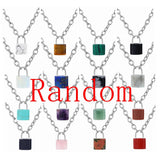 Natural Healing Crystal Lock Pendant Necklace, 20-inch Alloy Chain Chakra Gemstone Jewelry