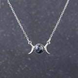 Triple Moon Goddess Natural Crystal Necklace, Silver Plated Triple Crescent Moon Pendant Round Cabochon Gemstone Necklace Reiki Chakra Healing Wicca Spiritual Jewelry for Women