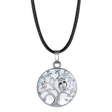 Owl Family Tree of Life Gemstone Necklace – 30mm Round Natural Stone Pendant with 18-Inch Leather Cord