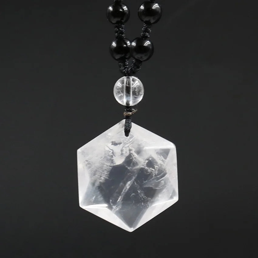 Hexagram Star Faceted Natural Stone Pendant Necklace, Black Bead Adjustable Braided Rope Mala Necklace, Spiritual Protection Amulet Jewelry