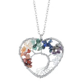 Heart Shaped Tree of Life Pendant Necklace, Natural Chip Gemstone Chakra Crystal Necklace Silver Wire Wrapped Jewelry Gift for Women