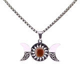 Stainless Steel Triple Moon Goddess Necklace with Celtic Knot - Natural Tiger's Eye Sun Pendant - Wiccan Pagan Spiritual Jewelry for Men & Women