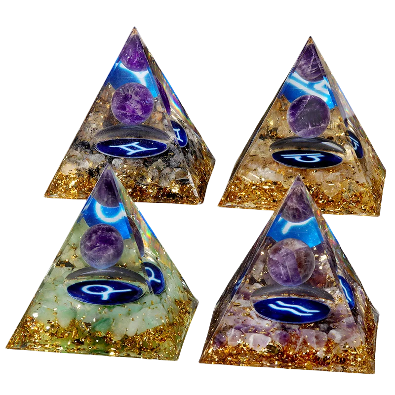 12 Constellation Gemstone Solar Sphere Orgone Pyramid 60MM for Home Office Feng Shui Decor & Spiritual Gifts