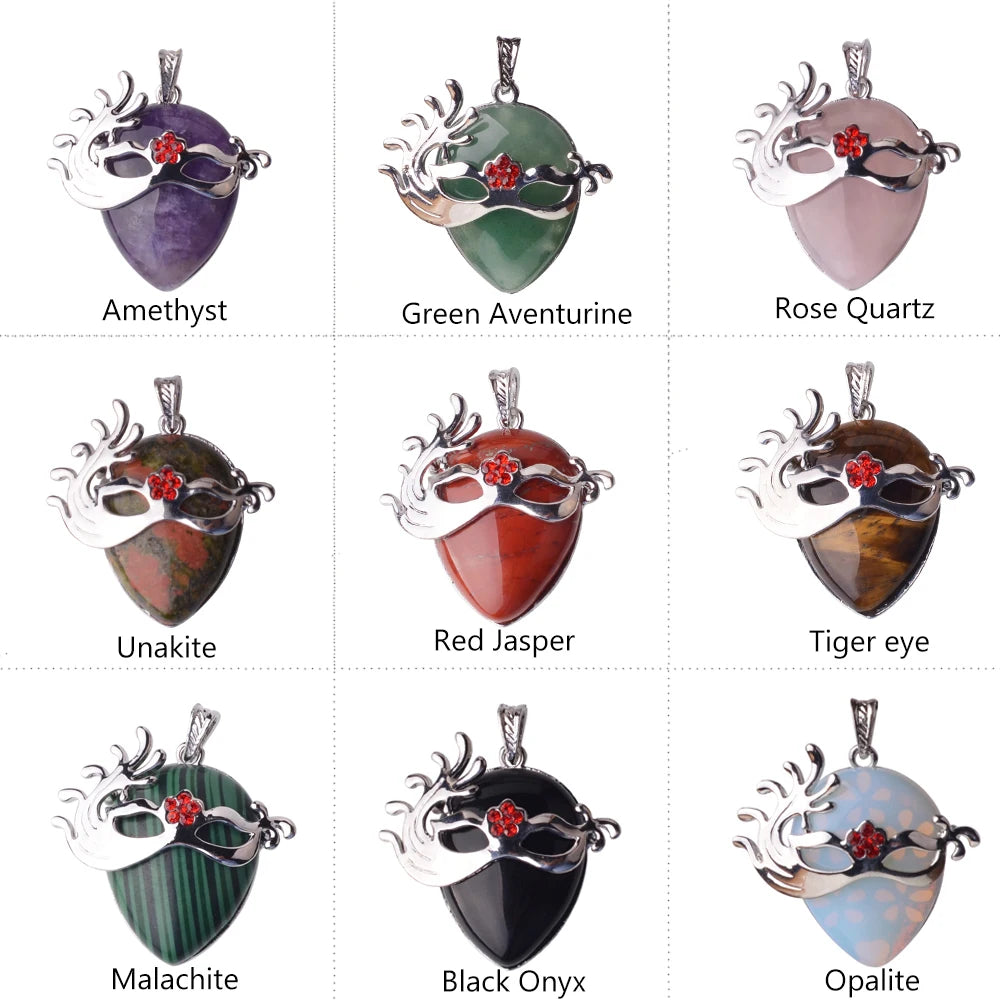 Vintage Carnival Mask Natural Teardrop Gemstone Pendant, Silver Plated Masquerade Mask Crystal Charm, Multi‑Variety Healing Stone Pendant for Handmade Necklace Craft Supply