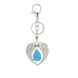 Silver Angel Wings Heart Keyring - Natural Stone Teardrop Crystal Keychain for Purse, Backpack, Handbag, Car Keys