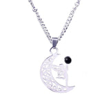 Vintage Stainless Steel Fairy on Moon Pendant Necklace - Natural Amethyst Stone Celestial Jewelry - Whimsical Angel Necklace for Women