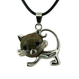 Natural Crystal Cat Pendant Necklace, Silver Alloy Frame Gemstone Charm, Healing Jewelry for Cat Lovers