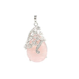 Rhinestone Floral Vine Teardrop Natural Crystal Pendant, Silver‑Tone Alloy Wrapped Water Drop Gemstone Charm for Necklace Jewelry Making