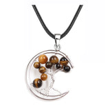Crescent Moon Tree of Life Pendant Necklace, Natural Crystal Gemstone Chakra Healing Stone Necklace, Handmade Wire Wrapped Crystal Life Tree Jewelry Gift for Women