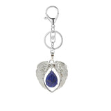 Silver Angel Wings Heart Keyring - Natural Stone Teardrop Crystal Keychain for Purse, Backpack, Handbag, Car Keys
