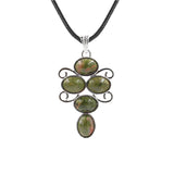 5 Stones Oval Crystal Scroll Wire Pendant Necklace, Silver Swirl Frame Natural Gemstone Black Wax Cord Boho Chakra Jewelry