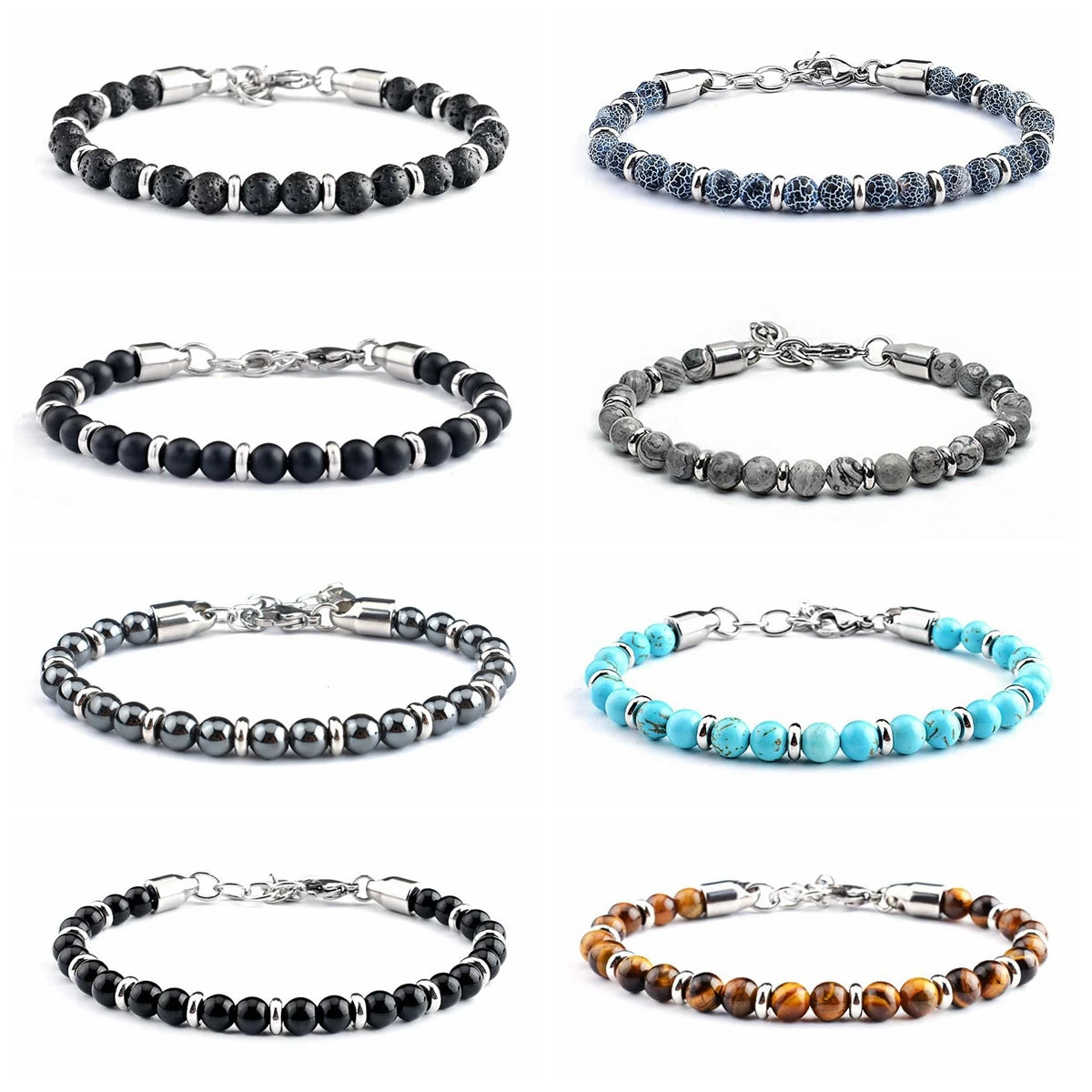 6mm Natural Stone Beaded Bracelet with Stainless Steel Clasp Adjustable Extender Chain Matte Onyx Tiger Eye Bracelet for Men Daily Wrist Jewelry