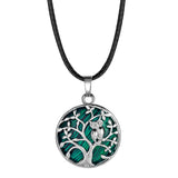 Owl Family Tree of Life Gemstone Necklace – 30mm Round Natural Stone Pendant with 18-Inch Leather Cord