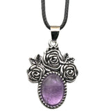 Silver Rose Flower Oval Gemstone Necklace 45CM Black Cord SN1503  10X14mm Stone Cab Pendant Jewelry