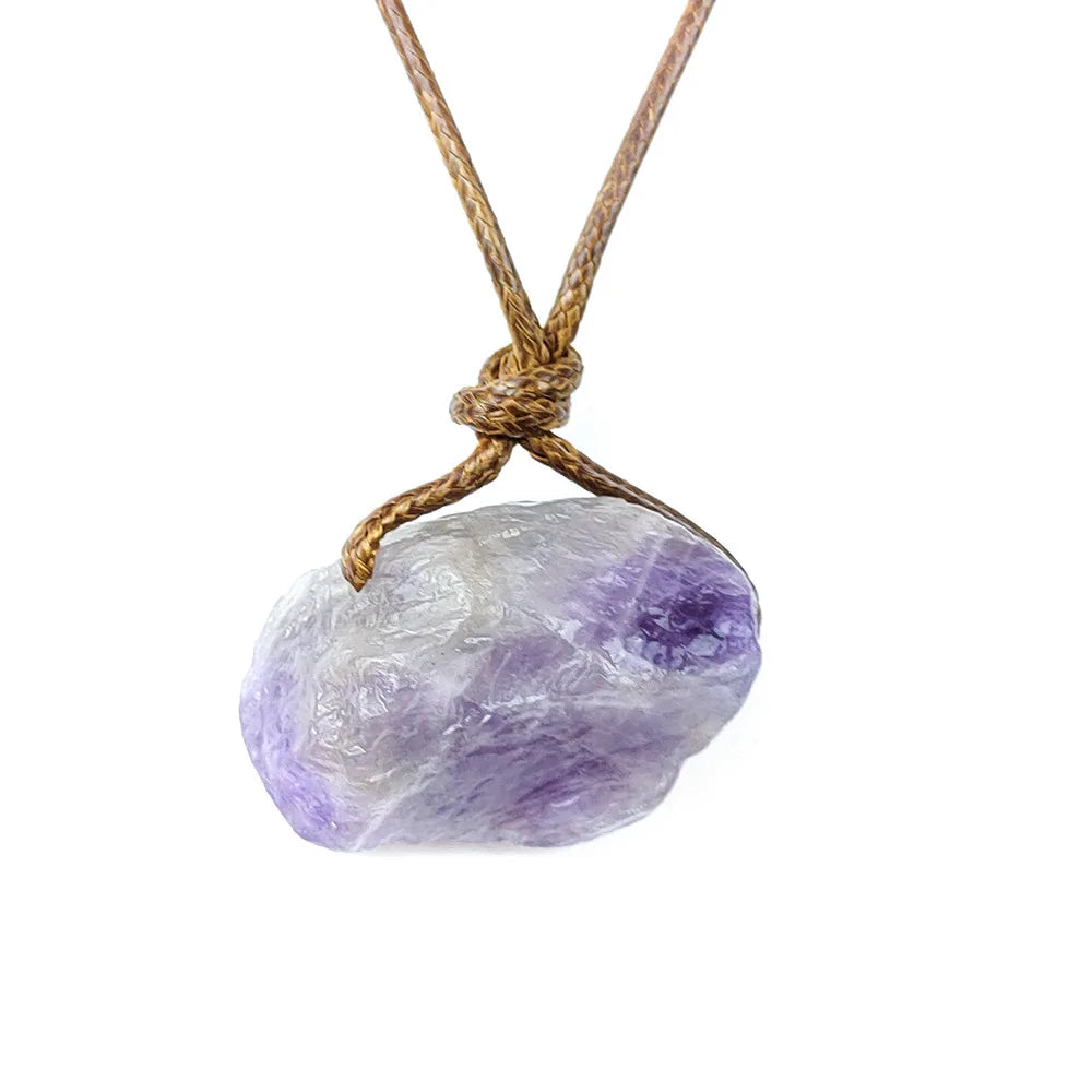 Natural Raw Crystal Rough Stone Pendant Necklace, Irregular Gemstone Hand Knotted Brown Rope Choker for Unisex