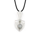 Shield Shape Two Stones Inlaid Natural Crystal Pendant 47×21mm, Silver Plated Alloy Double Gemstone Charm Pendant, Chakra Reiki Healing Stone Pendant for DIY Necklace Jewelry Making Spiritual Boho Gift