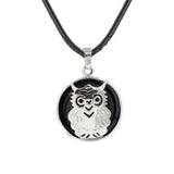 Owl Hollow Pendant Necklace, Silver Plated Natural Crystal Inlay Black Wax Cord Wisdom Symbol Necklace