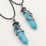 Vintage Rose Wrapped Crystal Pendant Necklace • Hexagonal Bullet Stone Charm • Boho Black Cord Healing Quartz Spiritual Jewelry